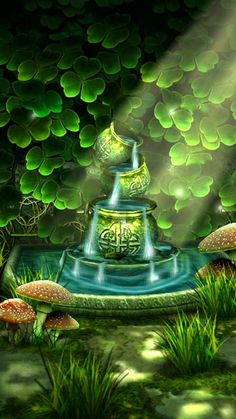 a happy st patrick's day greeting card with a fountain and mushrooms in the grass