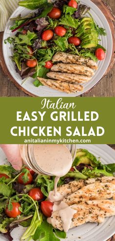 grilled chicken salad on a plate with dressing being drizzled over it