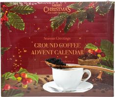 a christmas calendar with a cup of coffee