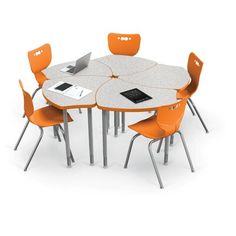 a round table with orange chairs around it and a laptop on the center one side