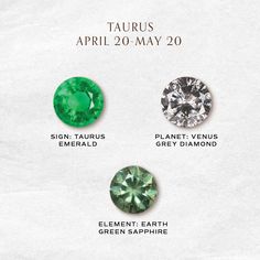 three different colored diamonds are shown on a white background with the words taurus, april 20 - may 20