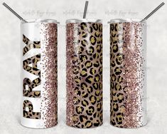 three leopard print tumbles with straw tops and glitter on the bottom one is pink