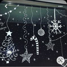 a window decorated with christmas decorations and snowflakes