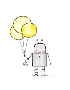 a drawing of a robot holding two balloons