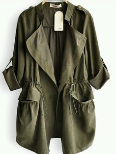 Long Brown Coat, Long Green Coat, Drawstring Coat, Green Drapes, Long Sleeves Coats, Green Coat, 가을 패션, Looks Style, Look Fashion