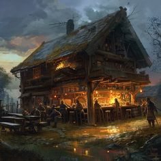 a painting of people sitting at a bar in front of a cabin on the water