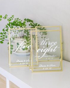 two gold frames with white lettering on them sitting on a table next to a potted plant