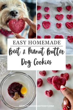 homemade heart and peanut butter dog cookies with text overlay that reads easy homemade treat & peanut butter dog cookies