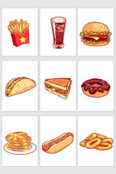 four different types of food are shown in this illustration, including hamburgers, fries and soda