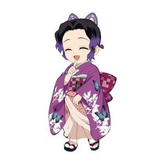 an anime character wearing a purple kimono and holding a cat's tail in her hand