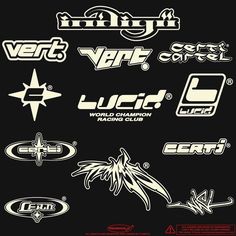 various logos and stickers on a black background