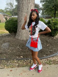 Red Cement 4s Outfit Women, Red Graphic Tee Outfit Black Women, Fire Red 4s Outfit Baddie, Fire Red 3s Outfit Girl, First Day Of School Outfits Black Girls Uniform, Fly Outfit, Teen Swag Outfits, Trendy Outfits For Teens