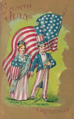 an old postcard with two children holding american flags and the words fourth of july