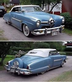 an old car is parked on the side of the road in two different pictures, one has