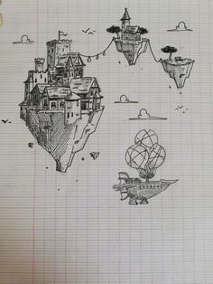 Sky Island Drawing, Floating Land Drawing, Floating Island Drawing Simple, Floating House Drawing, Fantasy Sketch Ideas, Floating City Drawing, Floating Island Sketch, Flying Island Drawing, Class Doodles Ideas