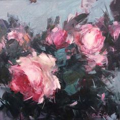 an oil painting of pink roses in a vase