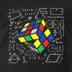 a black t - shirt with an image of a rubik cube surrounded by math symbols