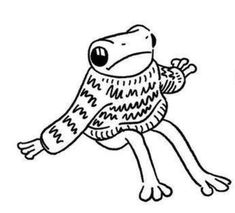 a drawing of a frog wearing a knitted hat and scarf with its legs spread out