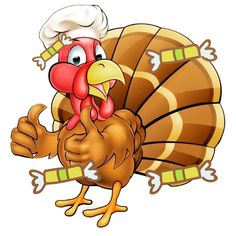 a cartoon turkey wearing a chef's hat and giving the thumbs up - animals characters