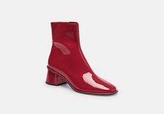 Gigi Bootie | COACH Red Booties, Large Wallet, Fall 24, New Handbags, Boot Shoes Women, Belt Bag, Bootie, Side Zip, Patent Leather