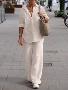 Beige Wide Leg Pants Outfit Plus Size, White Outfits For Women, Stylish Outfits For Women Over 50, Hacks Clothes, Shirt Pant Set, Casual Long Sleeve Shirts, Stil Elegant, Fashion Hacks, Intentional Living