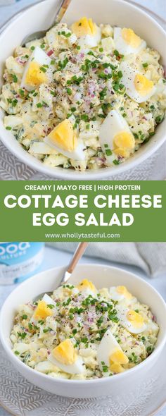 an egg salad in a white bowl on top of a plate with the words creamy mayo free high protein cottage cheese egg salad