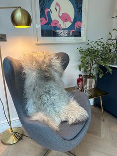 a living room with a blue chair and a pink flamingo painting on the wall