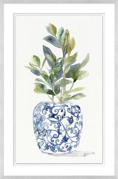 a painting of a blue and white vase with green leaves in it's center