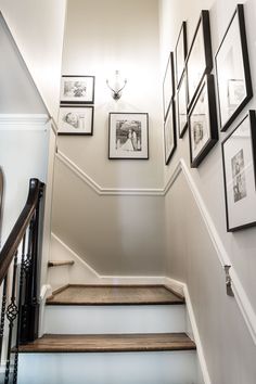 a staircase with pictures on the wall and framed photos on the wall next to it