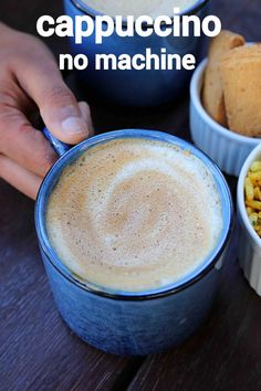 a person is holding a spoon over some food in small bowls on a table with the words cappuccino no machine above them