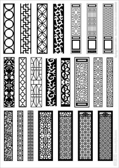 the different types and shapes of decorative screens in black and white, each with an intricate design