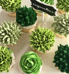 cupcakes decorated with green and white frosting are arranged on a table top