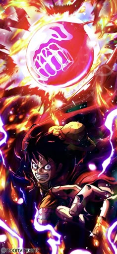 an anime character flying through the air with his arms out in front of fire and lightning