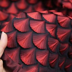 a hand is touching the red and black material on a dragon skin pattern that looks like scales