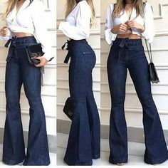 Voncos Summer Pants Women- Relaxed Fit Plus Size Fashion Solid Wide-Leg Versatile Boot Cut Jeans Long pants Size: S.  Color: Blue.  Gender: female.  Age Group: adult. Vestiti In Jeans, Wide Leg Pants Jeans, Flare Denim Jeans, 90's Fashion, Boyfriend Jean, Denim Collection, Bell Bottom Pants, High Waisted Jeans, Waist Jeans