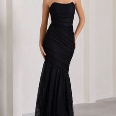 This Strapless Piece Has Been Wrapped In A Premium Black Lace Fabric Highlighted By Gathered Ruching To Enhance Your Natural Curves. A Sculpting Boned Corset Bodice And Lace-Up Back Further Elevate This Elegant Maxi Dress, Before Finishing With A Floor-Sweeping Fishtail Skirt. Fully Lined With No Stretch Premium Lace In Black (90% Polyester, 10% Elastane) 157cm Total Length Features - Premium Lace - Curved Bandeau Neckline - Boned Corset Bodice - Lace-Up Back - Invisible Zip Closure - Asymmetric Crochet Wedding Dresses, Black Lace Fabric, Fishtail Maxi Dress, Boned Corsets, Crochet Wedding, Fishtail Skirt, Elegant Maxi Dress, Corset Bodice, London Dresses