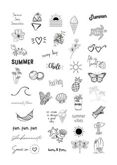 an image of some different tattoos on a white background with the words summer written in black ink