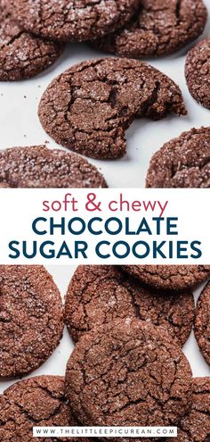 chocolate cookies being served with text overlay that reads soft and chewy chocolate sugar cookies Cookies Using Cocoa Powder, Soft Chocolate Sugar Cookies, Coco Cookies Recipes, Chocolate Sugar Cookies Recipe, No Chill Cookie Recipe, Soft Chocolate Cookie Recipe, Chill Cookie Dough, Chocolate Cookies Recipes, Easy Chocolate Cookies