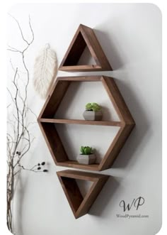 three wooden shelves with plants in them on the wall next to a vase and plant