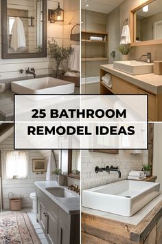 Collage of stylish bathroom interiors highlighting modern, rustic, and elegant design ideas with the text "25 Bathroom Remodel Ideas". Small Bathroom Update Ideas, Update Small Bathroom, Affordable Bathroom Remodel, Easy Bathroom Updates, Small Full Bathroom, Bold Tile, Cheap Bathroom Remodel, Bathroom Remodel On A Budget, Remodel On A Budget