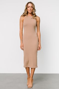 Ashley Ribbed Tank Dress | Tan - Baltic Born Stretch Beige Sheath Bodycon Dress, Beige Stretch Sheath Bodycon Dress, Brown Stretch Sheath Dress, Fitted Ribbed Brown Dress, Brown Ribbed Stretch Dresses, Fitted Brown Ribbed Dress, Beige Midi-length Bodycon Dress, Chic Stretch Brown Bodycon Dress, Chic Brown Stretch Bodycon Dress