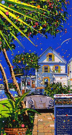 a painting of a car parked in front of a house on a sunny day with confetti falling from the trees