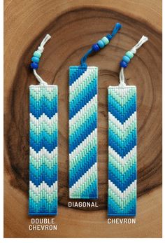 two blue and white chevron beaded bookmarks on a wooden background with text that says, double chevron