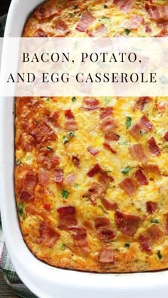 bacon, potato and egg casserole in a white dish with the title overlay