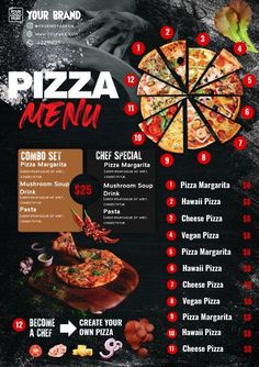 Pizza Menu Design Pizza Menu Design Templates, Creative Food Menu Design Ideas, Pizza Menu Ideas, Menu Cafeteria, Fast Food Menu Design, Menu Branding, Resturant Menu