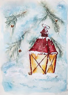 a watercolor painting of a red lantern in the snow with pine branches behind it