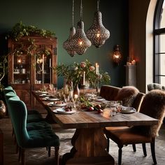 a dining room with green walls and wooden table surrounded by chairs, candles and greenery