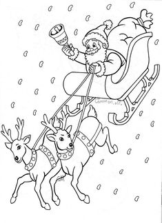 santa claus riding on his sleigh with reindeers in the snow coloring page