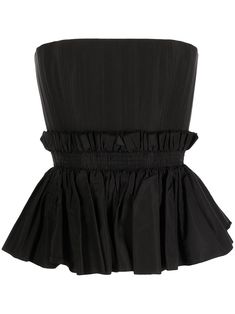 black silk ruffled detailing pleat detailing strapless peplum hem rear zip fastening Alex Perry, Clothing Details, Peplum Hem, Top Cropped, Bustiers, White Fashion, Outfits Casuales, Black Silk, Fashion Tops