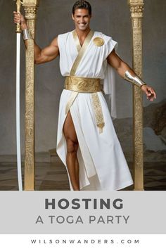 toga party host greek roman modern togas gold sandals villa columns wreaths sheets drapes ivy grapevines urns statues ancient feast olives cheese board pita flatbread fruit platter wine myths costume shields swords crown